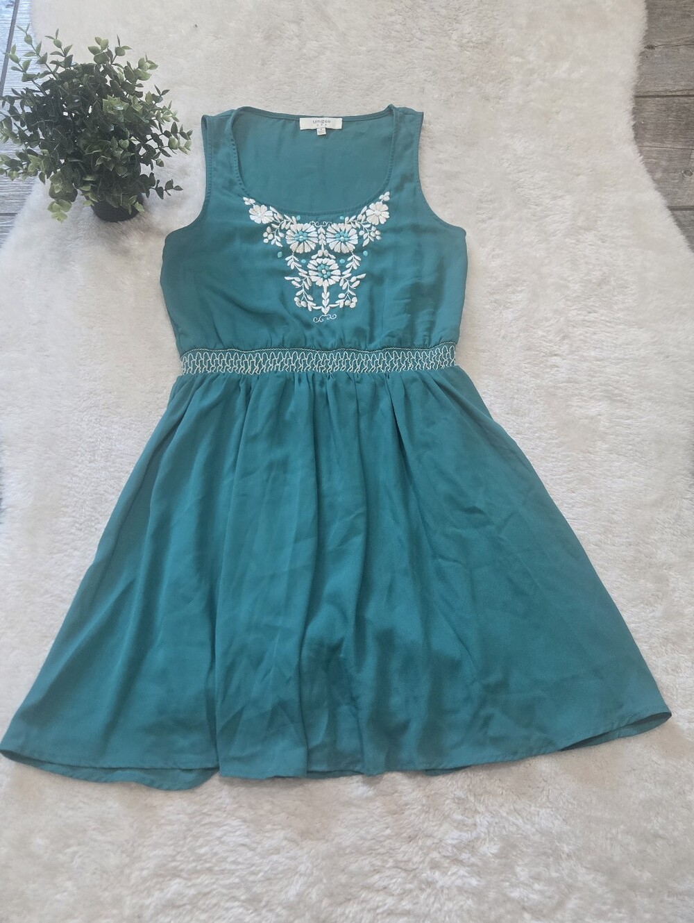 Umgee Teal Fit-and-Flare Embroidered Floral Sleeveless Boho Dress, Size Small